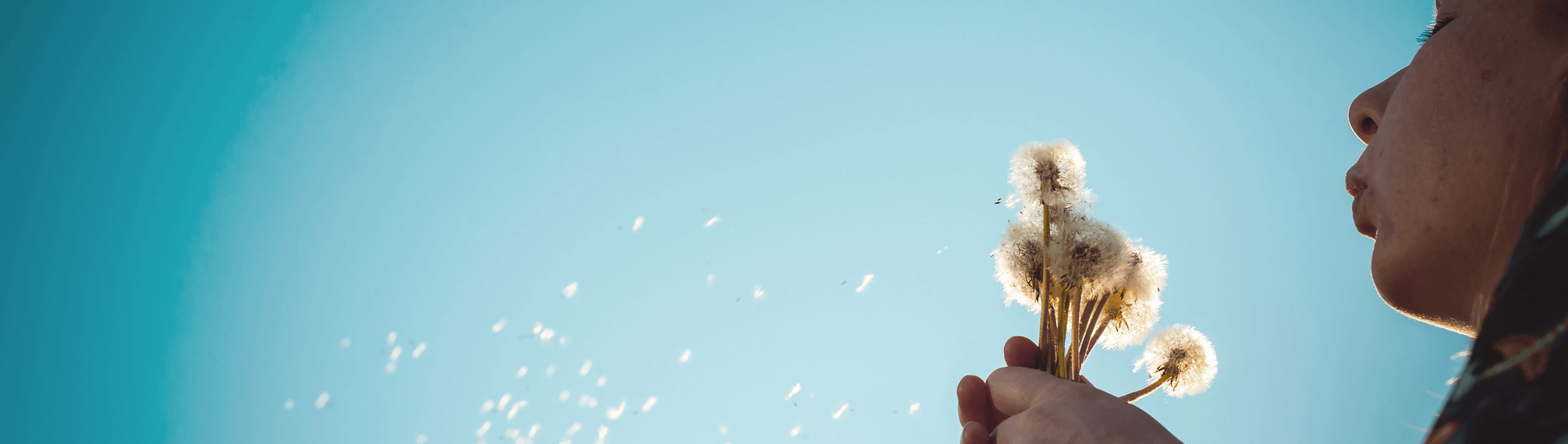 girl blowing dandelion into blue sky